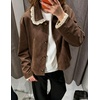 image:imagechouyatou Womens Lace Trim Faux Suede Jacket Button Down Short Trench CoatCoffee