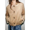 image:imagechouyatou Womens Lace Trim Faux Suede Jacket Button Down Short Trench CoatKhaki