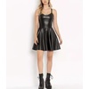 image:imagechouyatou Womens Sexy Spaghetti Strap PU Leather Mini Dress Pleated ALine Swing Faux Leather Party DressesBlack