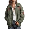 image:imagechouyatou Women Retro Faux Suede Embroidery Coat Baggy Zip Up Bomber JacketArmy Green