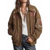 image:imagechouyatou Women Retro Faux Suede Embroidery Coat Baggy Zip Up Bomber JacketBrown