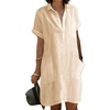 image:imagechouyatou Womens Casual Button Up Polo Collar Shirt Dress Short Sleeve Tunic Shift Mini Dress with PocketsKhaki