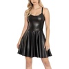 image:imagechouyatou Womens Sexy Spaghetti Strap PU Leather Mini Dress Pleated ALine Swing Faux Leather Party DressesBlack