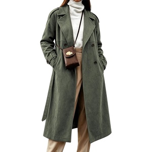 image:imagechouyatou Women Faux Suede Trench Coat Double Breasted Overcoat with BeltArmy Green