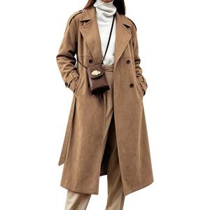 image:imagechouyatou Women Faux Suede Trench Coat Double Breasted Overcoat with BeltKhaki