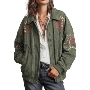 image:imagechouyatou Women Retro Faux Suede Embroidery Coat Baggy Zip Up Bomber JacketArmy Green