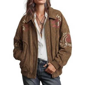 image:imagechouyatou Women Retro Faux Suede Embroidery Coat Baggy Zip Up Bomber JacketBrown