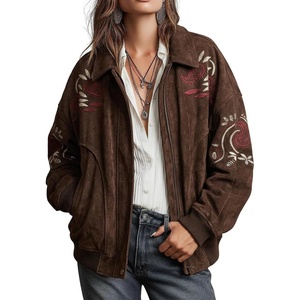 image:imagechouyatou Women Retro Faux Suede Embroidery Coat Baggy Zip Up Bomber JacketCoffee
