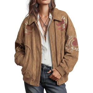 image:imagechouyatou Women Retro Faux Suede Embroidery Coat Baggy Zip Up Bomber JacketKhaki