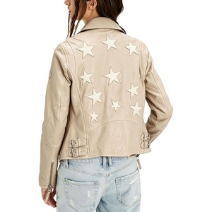 image:imagechouyatou Womens Fall Star Patchwork Zip Up Motorcycle Faux Leather JacketBeige