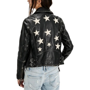 image:imagechouyatou Womens Fall Star Patchwork Zip Up Motorcycle Faux Leather JacketBlack
