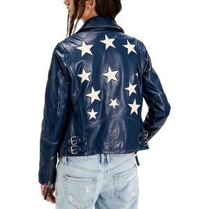 image:imagechouyatou Womens Fall Star Patchwork Zip Up Motorcycle Faux Leather JacketBlue