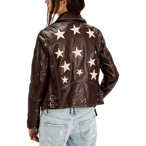 image:imagechouyatou Womens Fall Star Patchwork Zip Up Motorcycle Faux Leather JacketBrown