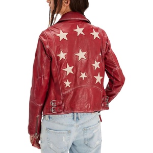image:imagechouyatou Womens Fall Star Patchwork Zip Up Motorcycle Faux Leather JacketRed