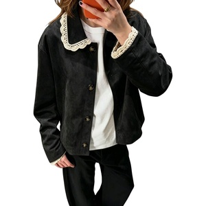 image:imagechouyatou Womens Lace Trim Faux Suede Jacket Button Down Short Trench CoatBlack