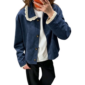 image:imagechouyatou Womens Lace Trim Faux Suede Jacket Button Down Short Trench CoatBlue