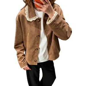 image:imagechouyatou Womens Lace Trim Faux Suede Jacket Button Down Short Trench CoatBrown