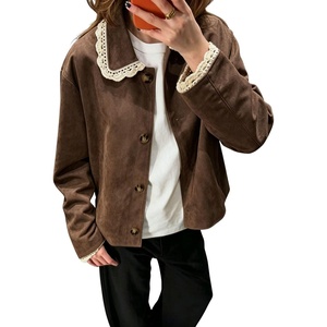 image:imagechouyatou Womens Lace Trim Faux Suede Jacket Button Down Short Trench CoatCoffee