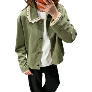 image:imagechouyatou Womens Lace Trim Faux Suede Jacket Button Down Short Trench CoatGreen