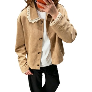 image:imagechouyatou Womens Lace Trim Faux Suede Jacket Button Down Short Trench CoatKhaki