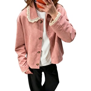 image:imagechouyatou Womens Lace Trim Faux Suede Jacket Button Down Short Trench CoatPink