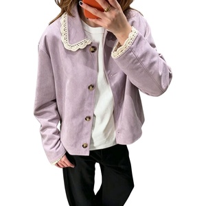 image:imagechouyatou Womens Lace Trim Faux Suede Jacket Button Down Short Trench CoatPurple