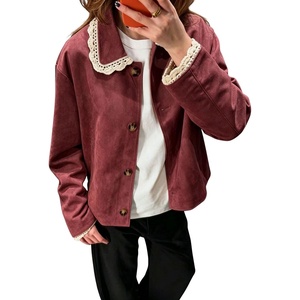 image:imagechouyatou Womens Lace Trim Faux Suede Jacket Button Down Short Trench CoatWine Red