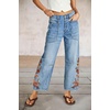 image:imagechouyatou Women Boho Embroidered Floral Barrel Jeans Baggy Ankle Jean PantsBlue