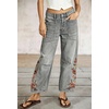 image:imagechouyatou Women Boho Embroidered Floral Barrel Jeans Baggy Ankle Jean PantsGrey