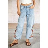 image:imagechouyatou Women Boho Embroidered Floral Barrel Jeans Baggy Ankle Jean PantsLight Blue