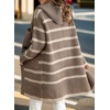 image:imagechouyatou Womens Color Block Striped Hooded Cardigan Sweater Button Down Knitted Midi Long Coatigan CoatKhaki