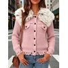image:imagechouyatou Womens Faux Fur Collar Cable Knit Cardigan Fall Sweater CoatPink