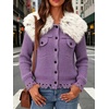 image:imagechouyatou Womens Faux Fur Collar Cable Knit Cardigan Fall Sweater CoatPurple