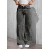 image:imagechouyatou Womens Y2K Cherry Embroidery Denim Pants Boyfriend High Waist Patchwork Wide Leg JeansGrey