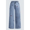 image:imagechouyatou Womens Y2K Cherry Embroidery Denim Pants Boyfriend High Waist Patchwork Wide Leg JeansLight Blue