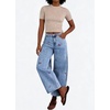 image:imagechouyatou Womens Y2K Cherry Embroidery Denim Pants Boyfriend High Waist Patchwork Wide Leg JeansLight Blue