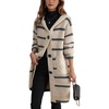 image:imagechouyatou Womens Color Block Striped Hooded Cardigan Sweater Button Down Knitted Midi Long Coatigan CoatGreyish Apricot