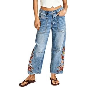image:imagechouyatou Women Boho Embroidered Floral Barrel Jeans Baggy Ankle Jean PantsBlue