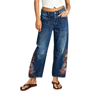 image:imagechouyatou Women Boho Embroidered Floral Barrel Jeans Baggy Ankle Jean PantsDark Blue