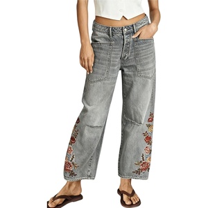 image:imagechouyatou Women Boho Embroidered Floral Barrel Jeans Baggy Ankle Jean PantsGrey
