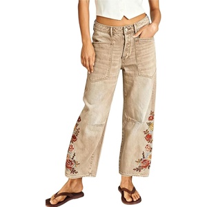 image:imagechouyatou Women Boho Embroidered Floral Barrel Jeans Baggy Ankle Jean PantsKhaki