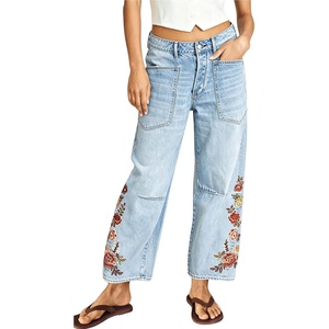 image:imagechouyatou Women Boho Embroidered Floral Barrel Jeans Baggy Ankle Jean PantsLight Blue