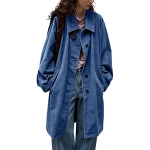 image:imagechouyatou Women Single Breasted Denim Jacket Boyfriend Midi Long Trench CoatBlue