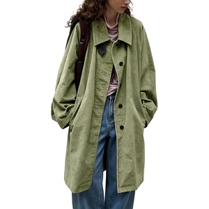 image:imagechouyatou Women Single Breasted Denim Jacket Boyfriend Midi Long Trench CoatGreen