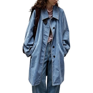 image:imagechouyatou Women Single Breasted Denim Jacket Boyfriend Midi Long Trench CoatLight Blue