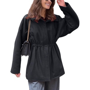 image:imagechouyatou Womens 2025 Fall Winter Casual Wool Coat Jacket Drawstring Waist Wool Pea Coat Trench OvercoatBlack