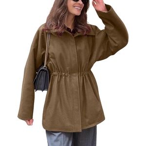 image:imagechouyatou Womens 2025 Fall Winter Casual Wool Coat Jacket Drawstring Waist Wool Pea Coat Trench OvercoatCamel
