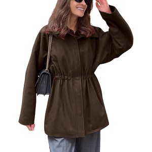 image:imagechouyatou Womens 2025 Fall Winter Casual Wool Coat Jacket Drawstring Waist Wool Pea Coat Trench OvercoatCoffee
