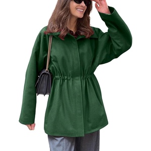 image:imagechouyatou Womens 2025 Fall Winter Casual Wool Coat Jacket Drawstring Waist Wool Pea Coat Trench OvercoatGreen