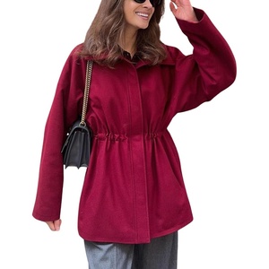 image:imagechouyatou Womens 2025 Fall Winter Casual Wool Coat Jacket Drawstring Waist Wool Pea Coat Trench OvercoatRed